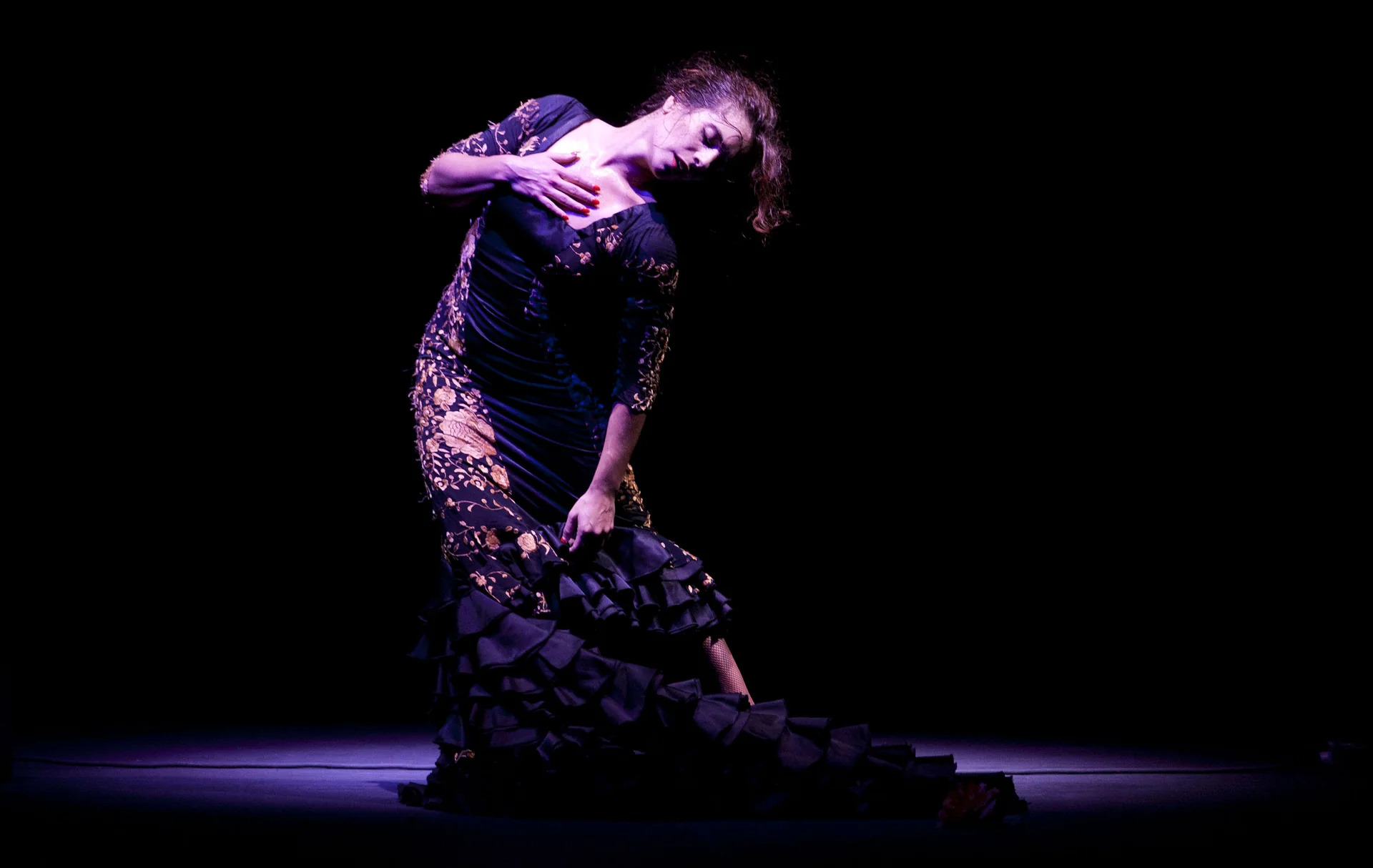 A flamenco dancer in a dark embroidered dress with a ruffled train, her head tilted and one hand on her chest, lit by a single spotlight on a black stage